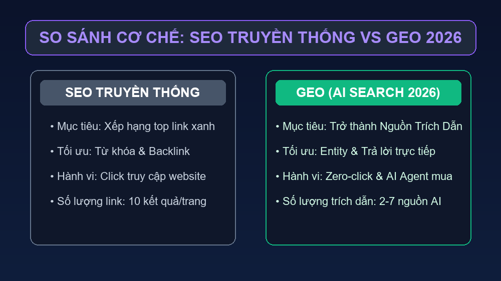 So sánh SEO truyền thống và Generative Engine Optimization GEO 2026