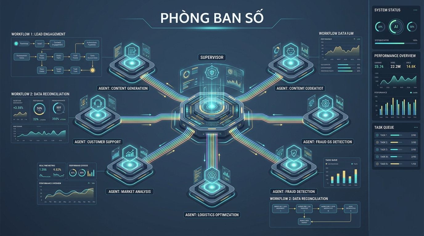 Kiến trúc Phòng Ban Số Tự Trị và Mô hình Multi-Agent Orchestration Doanh Nghiệp 2026