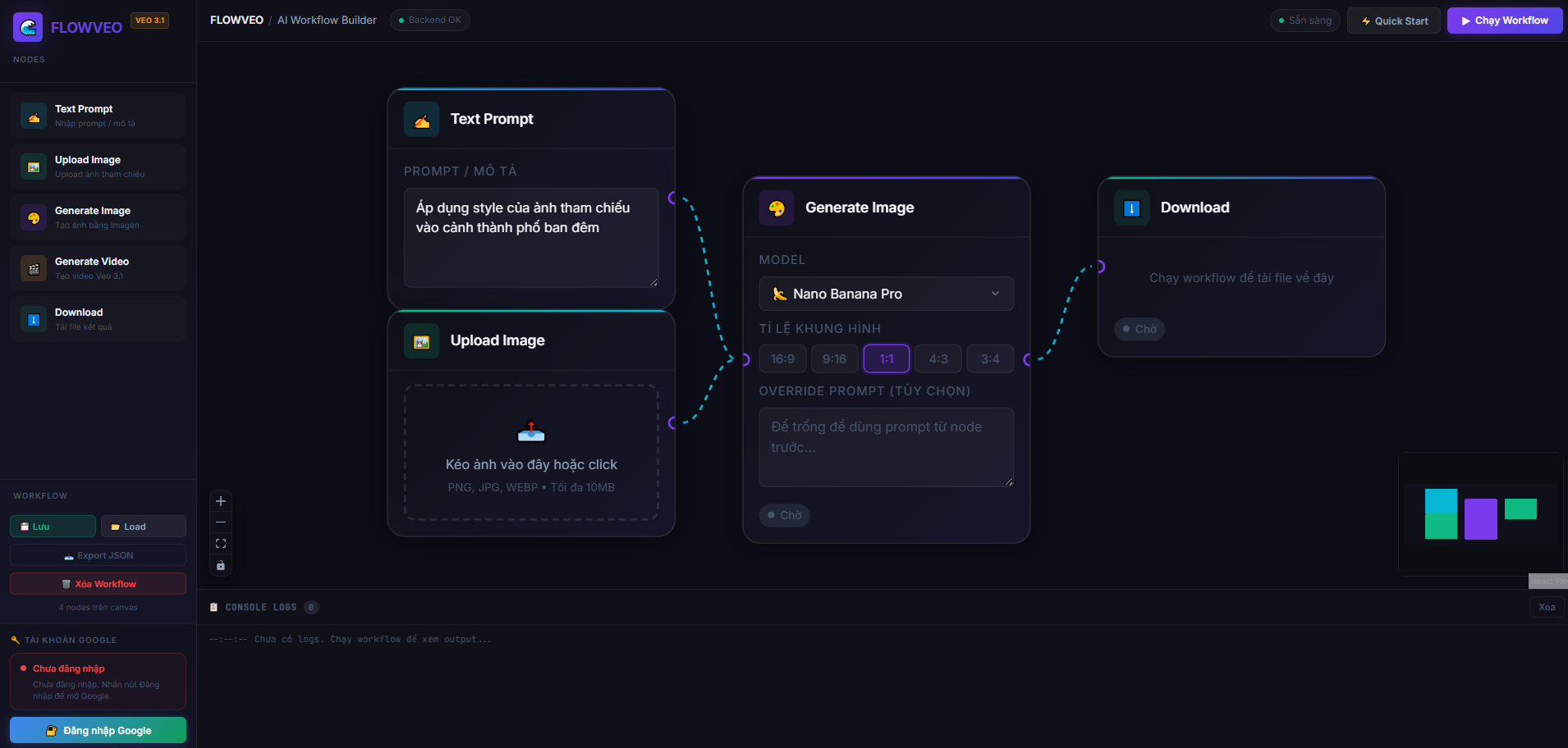 WorkFlow giá rẻ tạo ảnh và video với Veo 3.1 ultral tạo không giới hạn chạy trực tiếp trên máy bạn