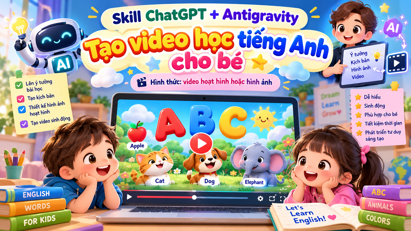 Skill  Chatgpt, Antigravity Tạo video học tiếng anh cho bé